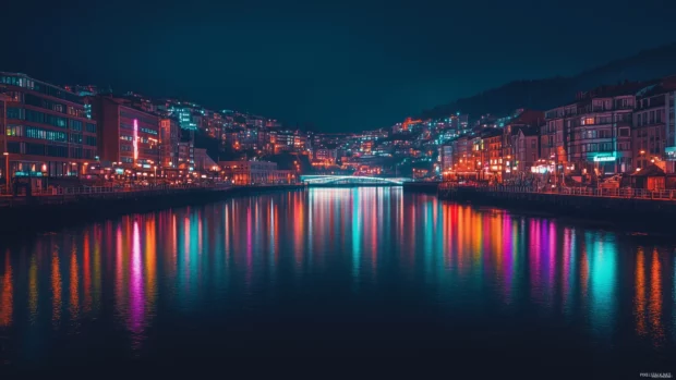 A serene cityscape at night with buildings illuminated by a rainbow spectrum of lights.