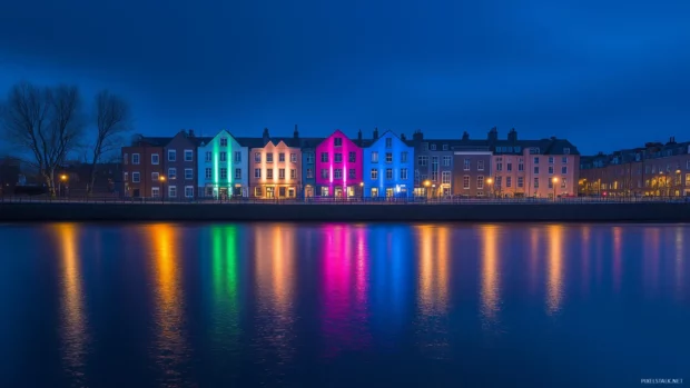 A serene cityscape at night with buildings illuminated by a rainbow spectrum of lights reflecting on a calm river.
