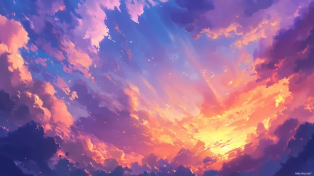 A serene evening sky transitioning from golden hues to deep indigo, with scattered clouds reflecting the last rays of sunlight.