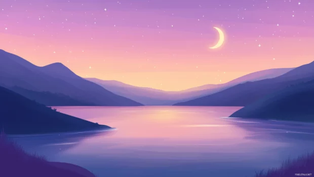 A serene evening sky with a crescent moon and twinkling stars visible above the horizon.