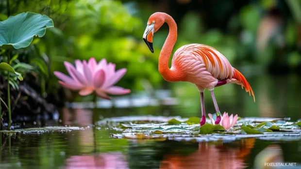 A serene flamingo pose beside lily pads, perfect for wallpapers.