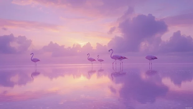 A serene flamingo scene with pink salt flats and pastel skies.