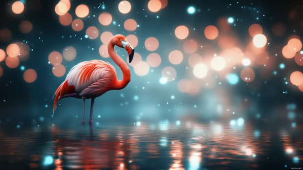 A serene flamingo scene with soft bokeh and water reflections.
