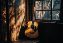 A serene image of an acoustic guitar leaning against a rustic wooden wall, with warm sunlight streaming through a nearby window.