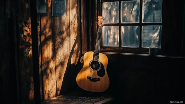 A serene image of an acoustic guitar leaning against a rustic wooden wall, with warm sunlight streaming through a nearby window.