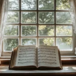 A serene image of an open music book on a piano, with soft sunlight streaming through a window, casting gentle shadows on the pages filled with notes.