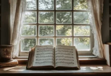 A serene image of an open music book on a piano, with soft sunlight streaming through a window, casting gentle shadows on the pages filled with notes.