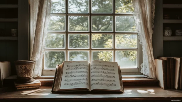 A serene image of an open music book on a piano, with soft sunlight streaming through a window, casting gentle shadows on the pages filled with notes.