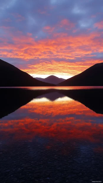 A serene lake reflects a fiery sky in this Mountain Sunrise wallpaper.