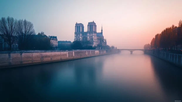 A serene morning in Paris, with soft sunlight illuminating the Seine River and Notre Dame Cathedral.