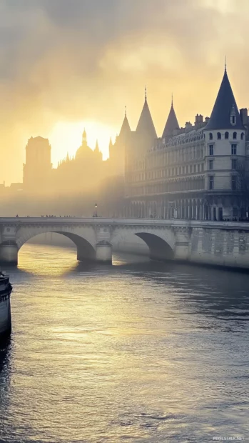 A serene morning scene with the Seine River and a silhouette of Parisian buildings in the background.