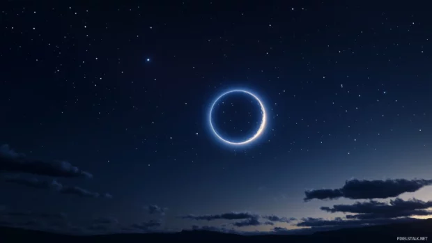 A serene night sky featuring a glowing full moon surrounded by a halo, with faint clouds adding texture.