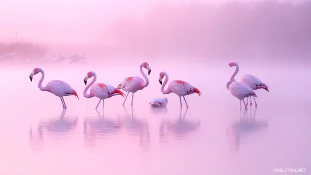 A serene pink lake with flamingos in mist, ideal for wallpapers.