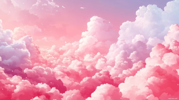 A serene pink sky, clouds glide, bathed in gentle sunset.