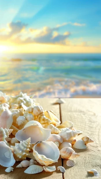 A serene preppy beach collage with snapshots of seashells and calm ocean sunsets.