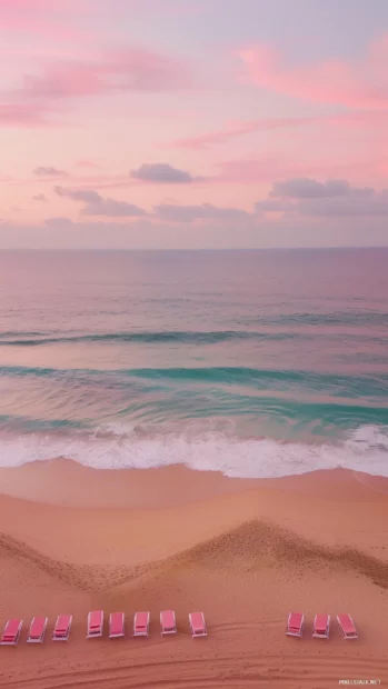 A serene preppy beach with pink skies at dusk.