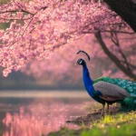 A serene scene of a peacock resting beside a still pond reflecting cherry blossoms.