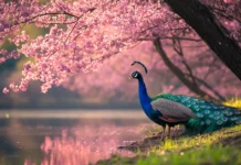 A serene scene of a peacock resting beside a still pond reflecting cherry blossoms.