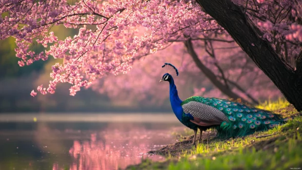 A serene scene of a peacock resting beside a still pond reflecting cherry blossoms.