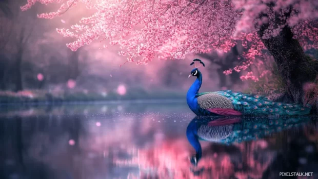 A serene scene of a peacock resting beside a still pond reflecting cherry blossoms.