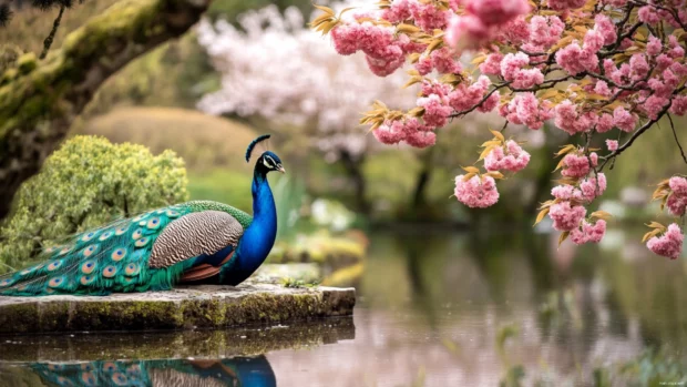 A serene scene of a peacock resting beside a still pond reflecting cherry blossoms.