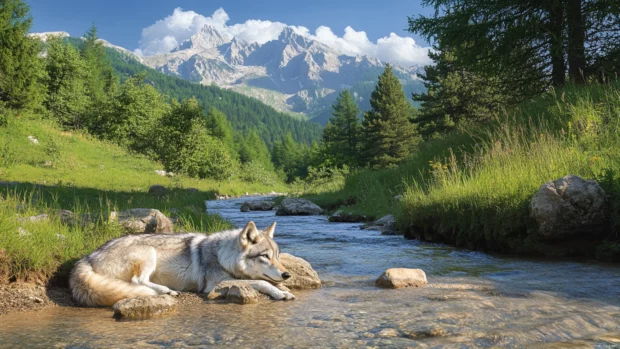 A serene scene of a silver wolf resting near a mountain stream.