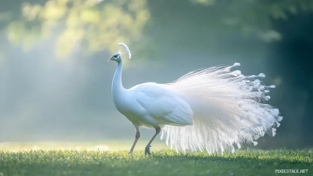 A serene scene of a white peacock moving slowly through soft morning mist in a tranquil woodland clearing.