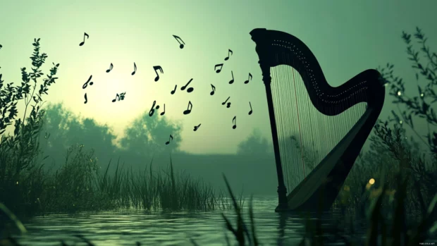 A serene scene with harp and drifting music notes.