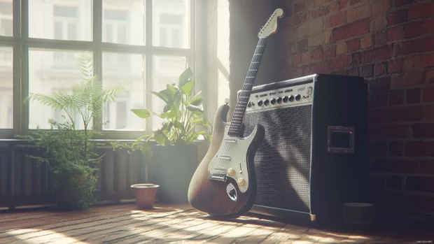 A serene shot of a weathered guitar resting on an amplifier, with soft natural light filtering through a nearby window, creating a relaxed rock ambiance.