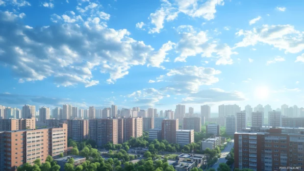 A serene skyline with low rise buildings surrounded by green trees, under a bright blue sky with scattered clouds.