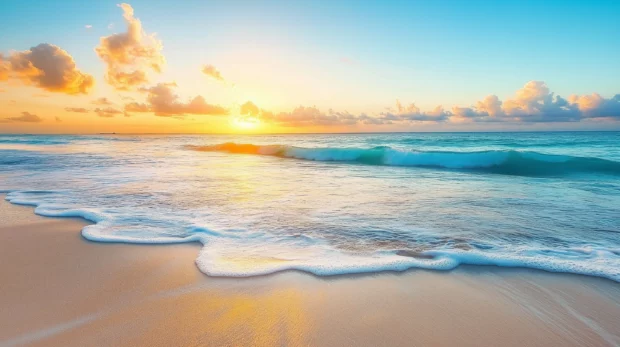 A serene sunset beach with gentle waves and golden sand.