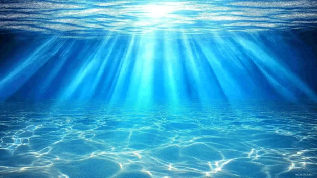 A serene underwater scene with shafts of sunlight piercing through the water surface, highlighting subtle gradients of blue and turquoise.