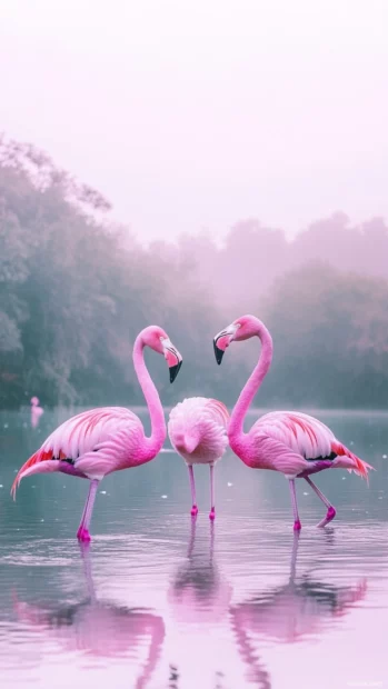 A serene vertical shot of flamingos walking gracefully in a pastel hued landscape.