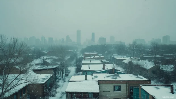 A serene winter scene of Chicago skyline with snow lightly dusting the rooftops and the cityscape bathed in soft, diffused light.