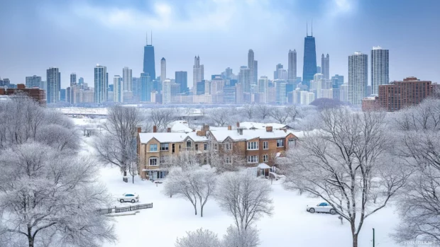 A serene winter scene of the Chicago skyline, with snow lightly dusting the rooftops and soft, diffused light.