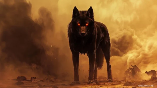 A shadow wolf with bright red eyes standing in a scorched battlefield as smoke swirls behind.