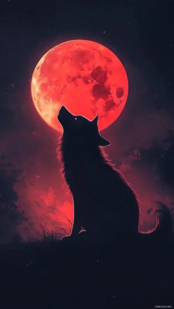 A shadowy wolf sitting calmly under a blood moon.