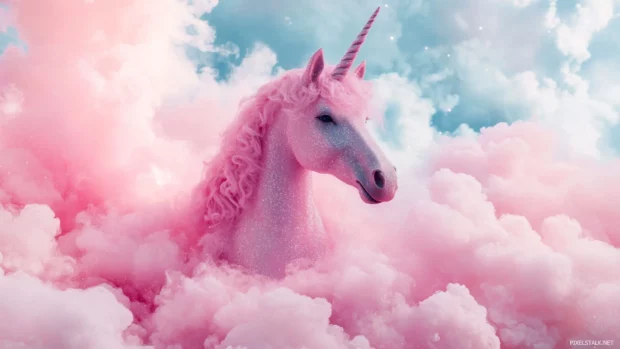 A shimmering Unicorn Glitter wallpaper showing a pink unicorn surrounded by glitter clouds.