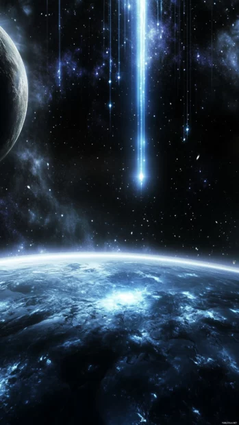 A shooting star streaking across a dark, star filled night sky, with a glowing trail that fades into the distance.