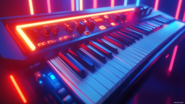 A shot of a classic synthesizer keyboard with glowing buttons and knobs, surrounded by futuristic neon lights in a studio setting.