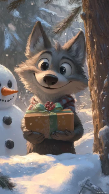 A shy cartoon wolf holding a gift, peeking from behind a snowman.