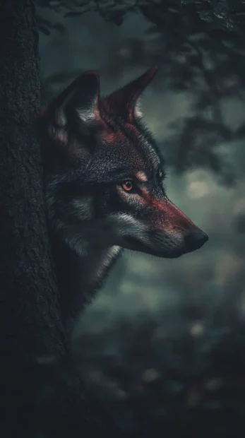 A shy little wolf hiding behind a tree with one ear poking out, great for a cute wolf iPhone background.
