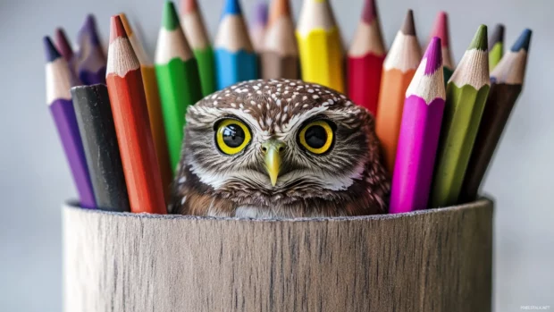 A shy owl peeking out from a pencil case filled with crayons.