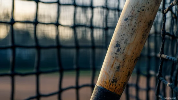 A side angle photo of a baseball bat near the batting cage netting, Baseball bat desktop background.