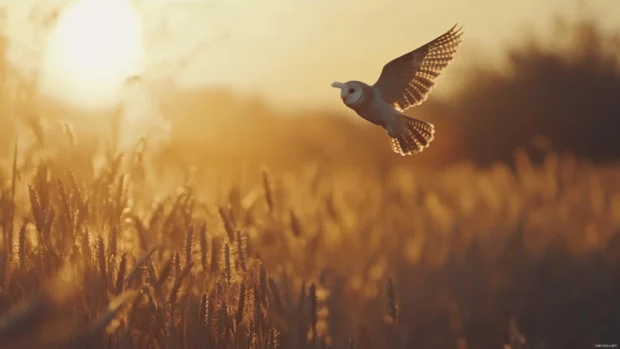 A silent Barn Owl flying over golden wheat at sunset.