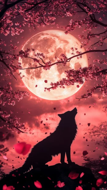 A silhouette anime wolf stands tall under a full moon with cherry blossoms falling around it.
