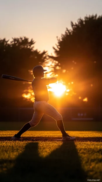 A silhouette of a baseball player hitting a home run, backlit by a glowing golden sunset.