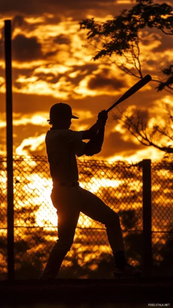 A silhouette of a baseball player hitting a home run, backlit by a glowing golden sunset.