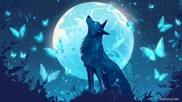 A silhouette of a blue wolf surrounded by glowing butterflies under moonlight.