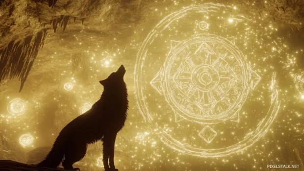 A silhouette of a howling wolf framed by glowing ancient symbols in a magical cave.